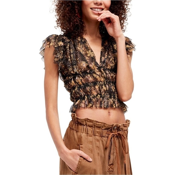 Free People Making Me Smile Print Top Night Combo (Black) Size Large - Picture 1 of 8